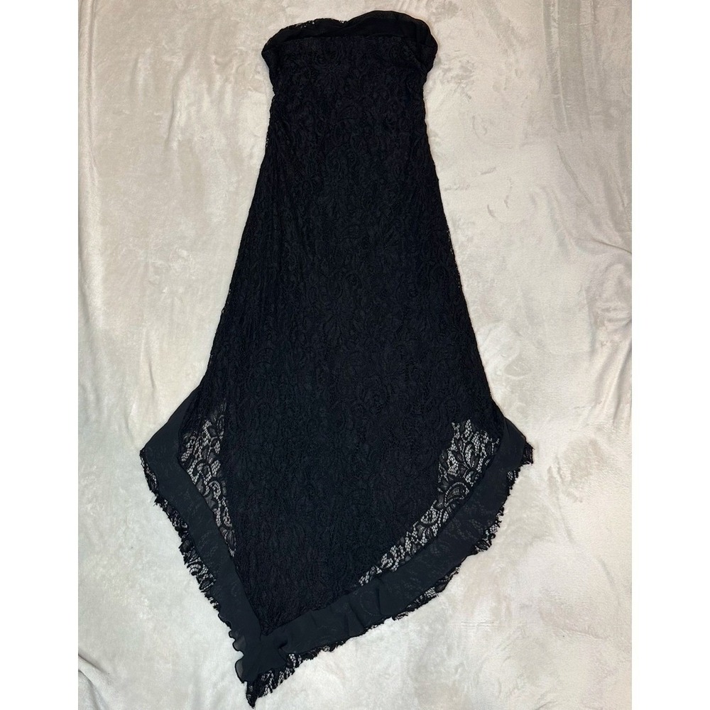 Silence + Noise Black Lace Strapless Handkerchief Maxi Dress Ruffle Hem Womens - Picture 2 of 7
